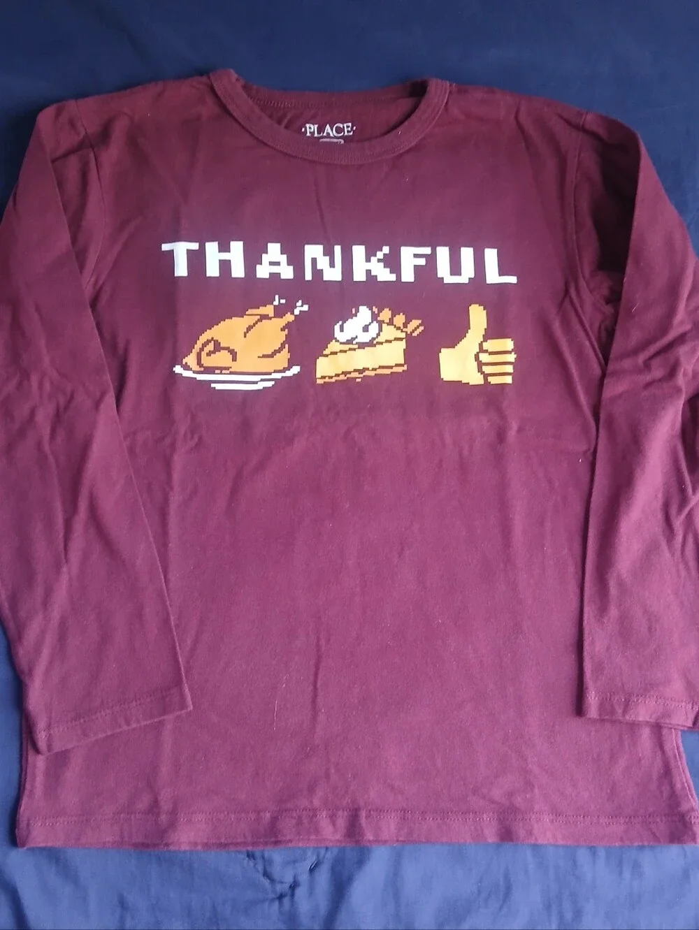 Place Maroon 'Thankful' Long Sleeve Tee with Pixel Food Graphic